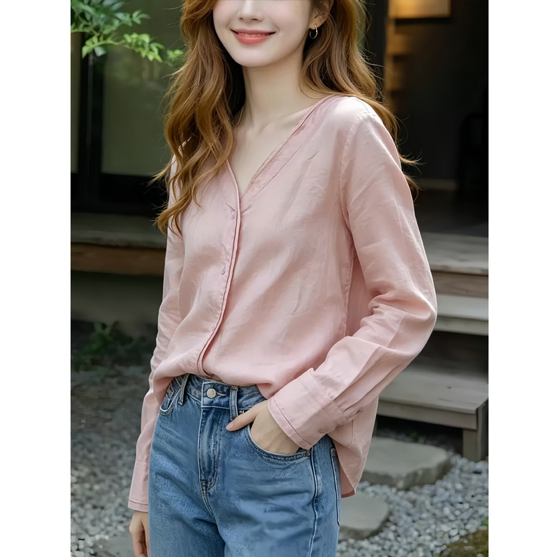 Light Oxygen Pink Double-Layer Lace V-Neck Ramie Shirt for Women, Gentle and Slightly Sheer, Lazy Style, Loose Fit Top