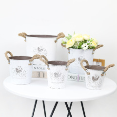 復古做舊刷白鐵皮花盆多肉綠植小鳥圖案鐵藝花盆室內桌面裝飾擺件