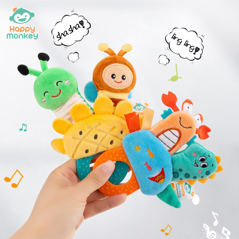 Happy monkey baby animal con goma de goma campana juguetes para bebés agarrar y morder campana de educación temprana para bebés