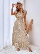 2022亚马逊跨境女装欧美春夏新款V领收腰长裙 荷叶边连衣裙 现货