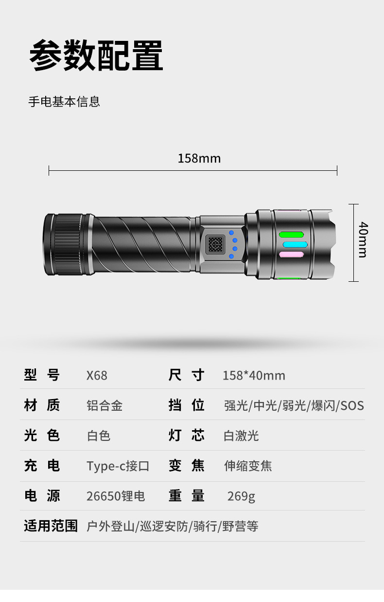 Strong Light Flashlight, Long-Range Outdoor Rechargeable High-Power Rechargeable Battery Light, Zoomable White Laser Wholesale Portable Rechargeable