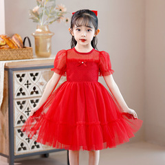 女童連衣裙夏季2024新款泡泡袖兒童蕾絲公主裙甜美六一兒童節表演
