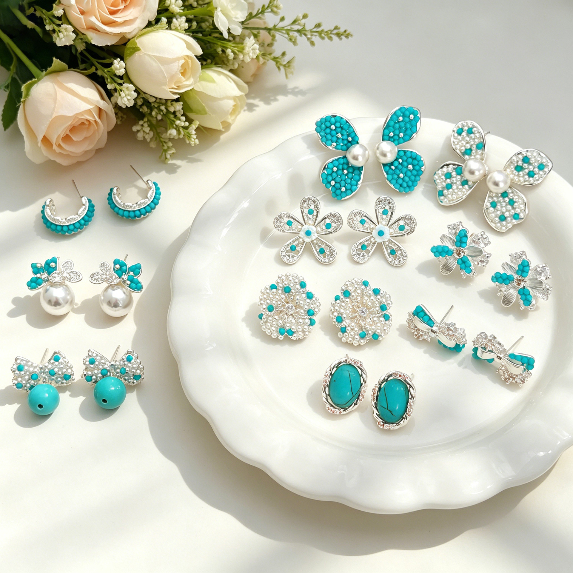 Retro ethnic turquoise small design sophisticated universal earrings