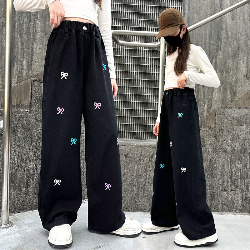 소녀 데님 바지 2024 가을 새로운 어린이 서양식 유행 봄과 가을 어린이 스트레이트 바지 넓은 다리 바지