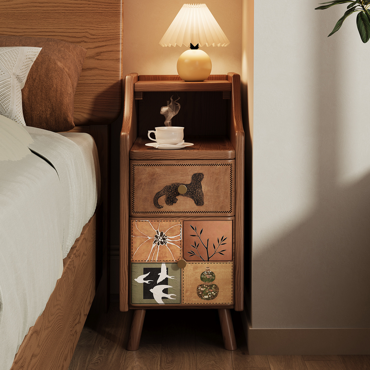 Solid Wood Bedside Table Walnut Color 20cm Ultra-Narrow Bedside Cabinet Small Side Cabinet Antique Style Extremely Narrow Sandwich Cabinet