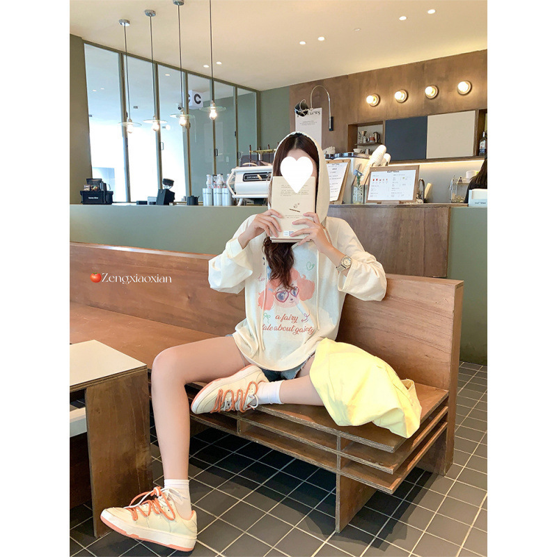工厂批发 韩系穿搭连帽薄款防晒长袖罩衫女宽松慵懒空调衫T恤上衣|undefined
