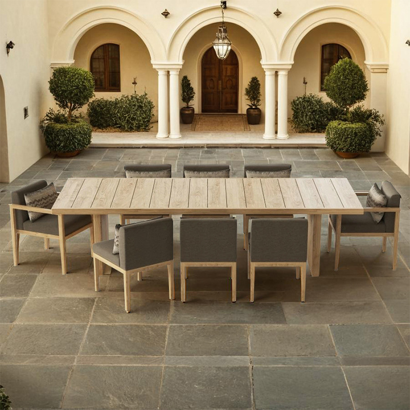 Mesa y sillas de madera maciza al aire libre patio villa terraza mesa larga de madera hotel jardín alojamiento residencial impermeable tablas y sillas de teca solar
