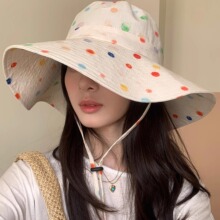 批发韩国2025年新款多巴胺彩点渔夫帽女夏季薄款甜美大头围遮阳帽