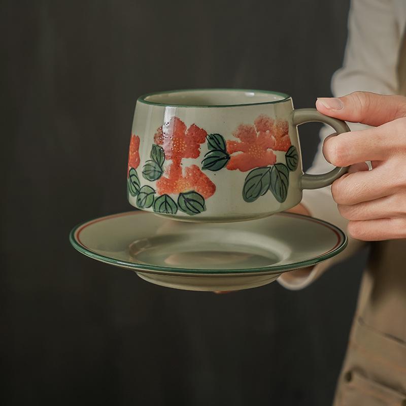 Taza de cerámica vintage para latte art, taza y platillo de cerámica rústica simple para té de la tarde o café con diseño floral.