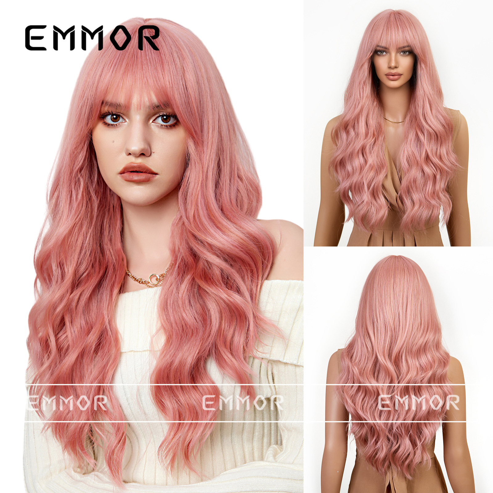 Marrón dorado teñido Rosa dibujos animados aire Bangs onda rizado Pelo Largo elegante mullido perezoso peluca cabeza completa forma