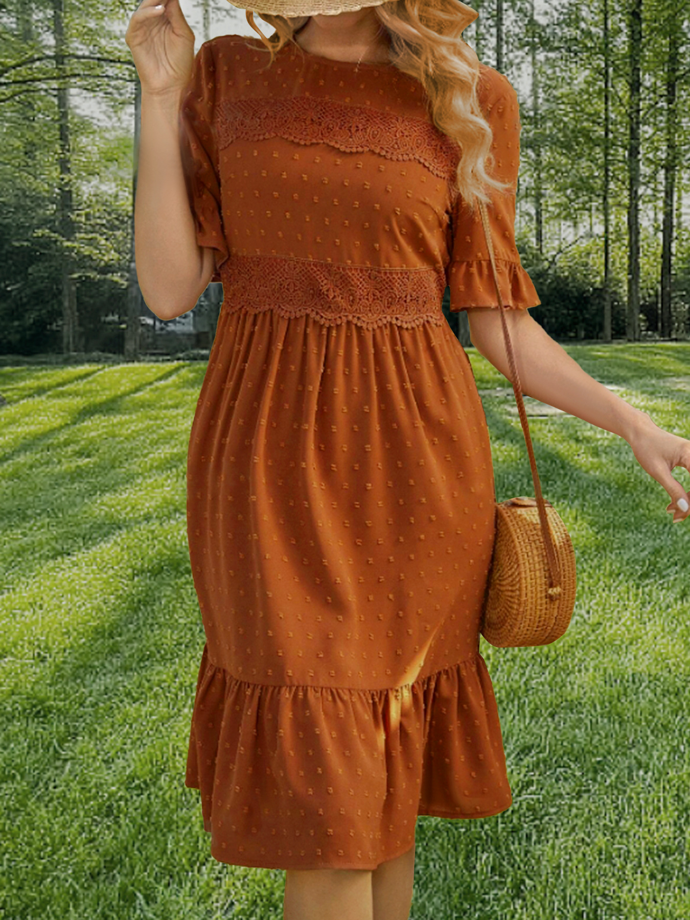 Spring Summer Women Lace Stitching Solid Color round Neck Ruffle Sleeve Dress 7 Spring Summer Women Lace Stitching Solid Color round Neck Ruffle Sleeve Dress