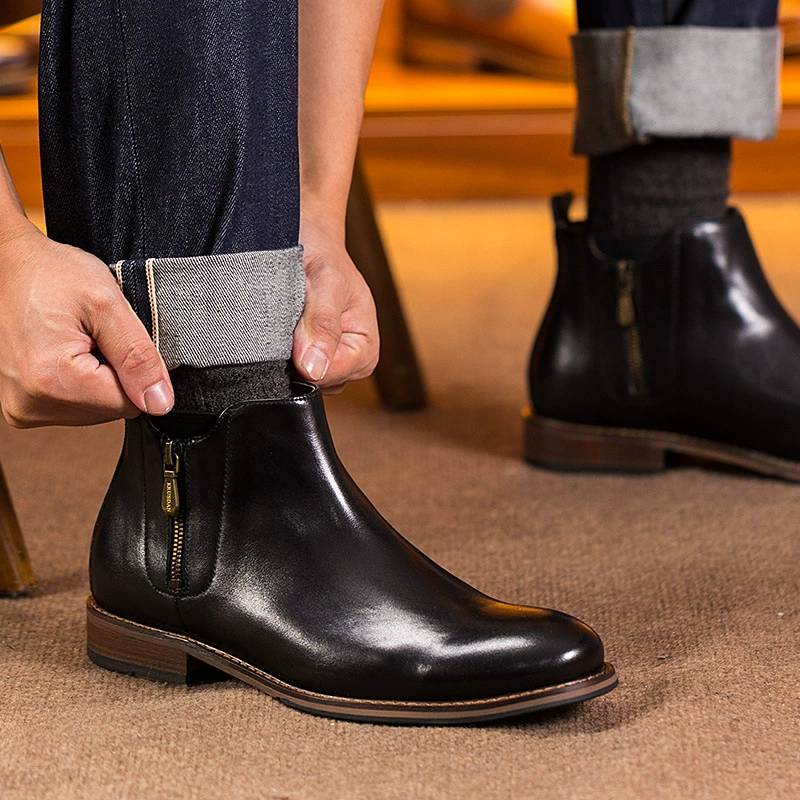 Demi-season leather chelsea, low boots with zipper, genuine leather