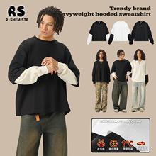 RS男装|跨境假两件撞色长袖t恤280G纯棉短宽boxy美式拼接长袖t恤