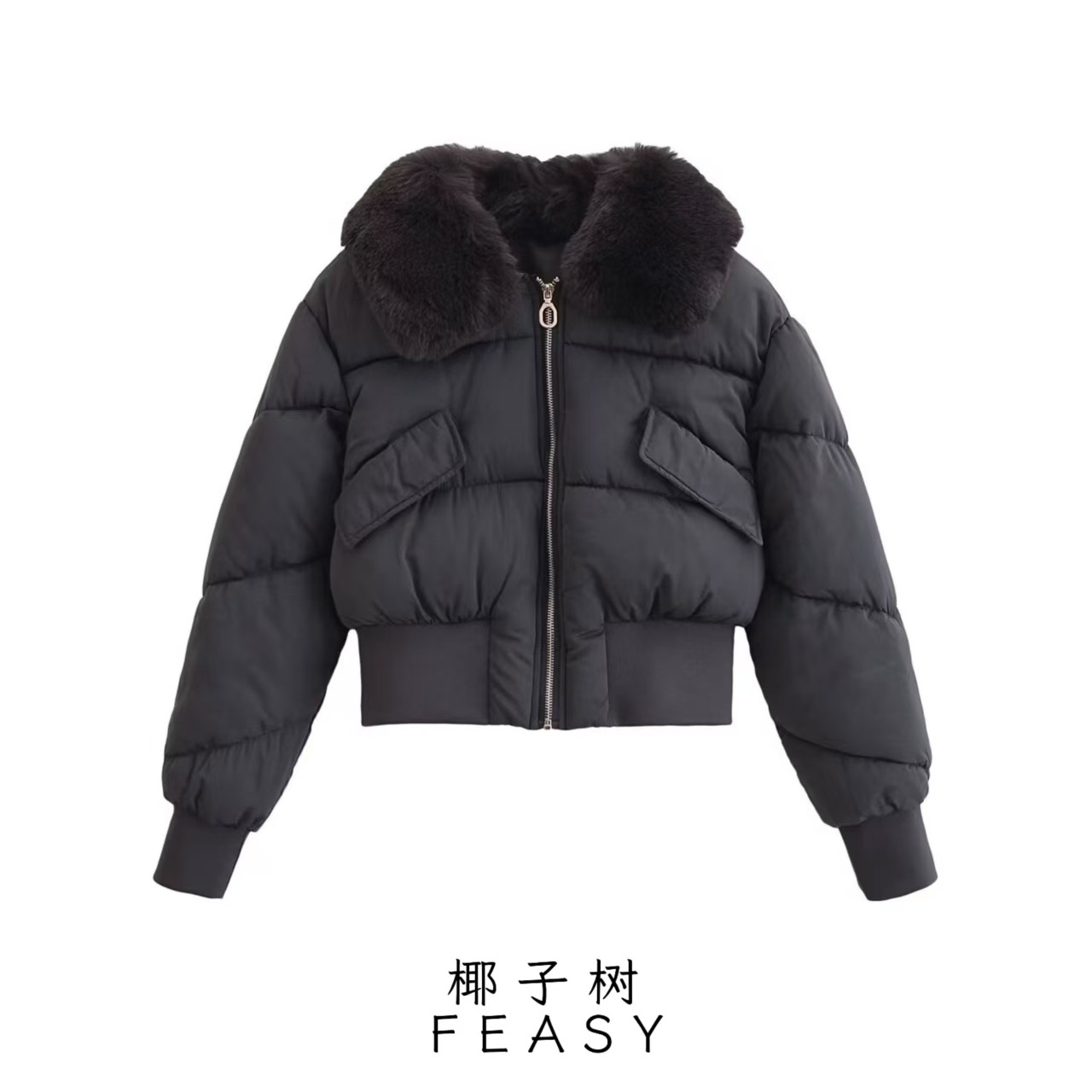 ZA速卖通爆款跨境外贸欧美风女装新款个性可拆卸毛领短款棉服外套