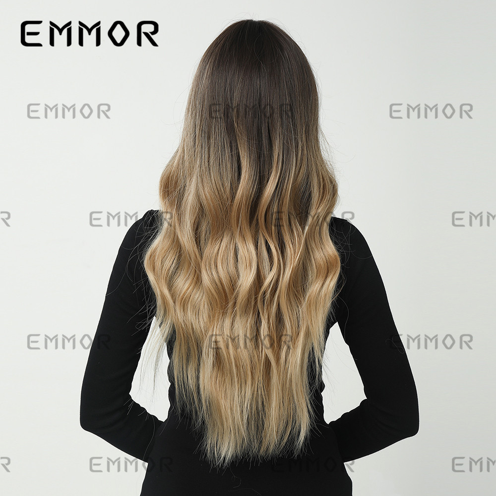 Amazon comercio exterior de las mujeres europeas y americanas gradiente Bangs marrón largo pelo rizado natural mullido transpirable peluca cabeza cubierta