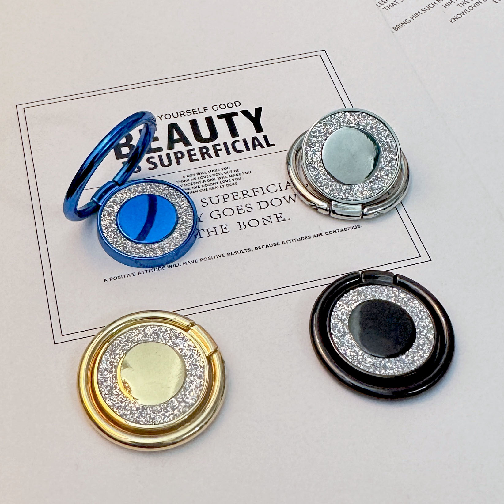 Cross-Border All-Metal Ring Buckle Mobile Phone Ring Holder New Glitter Round Heart Desktop Anti-Fall Lazy Mobile Phone Holder