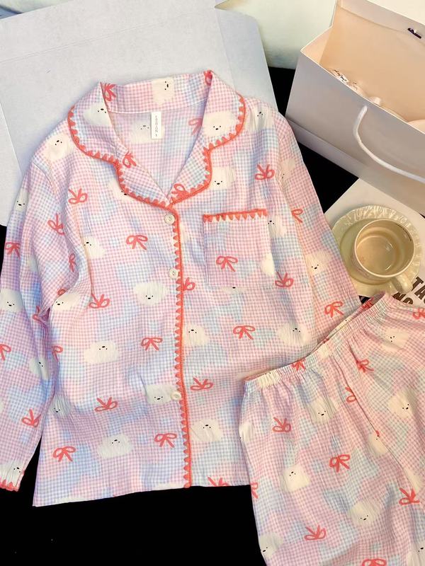 春秋睡衣女款带胸垫居家长袖云朵棉可爱大码女士家居服高级感套装|undefined