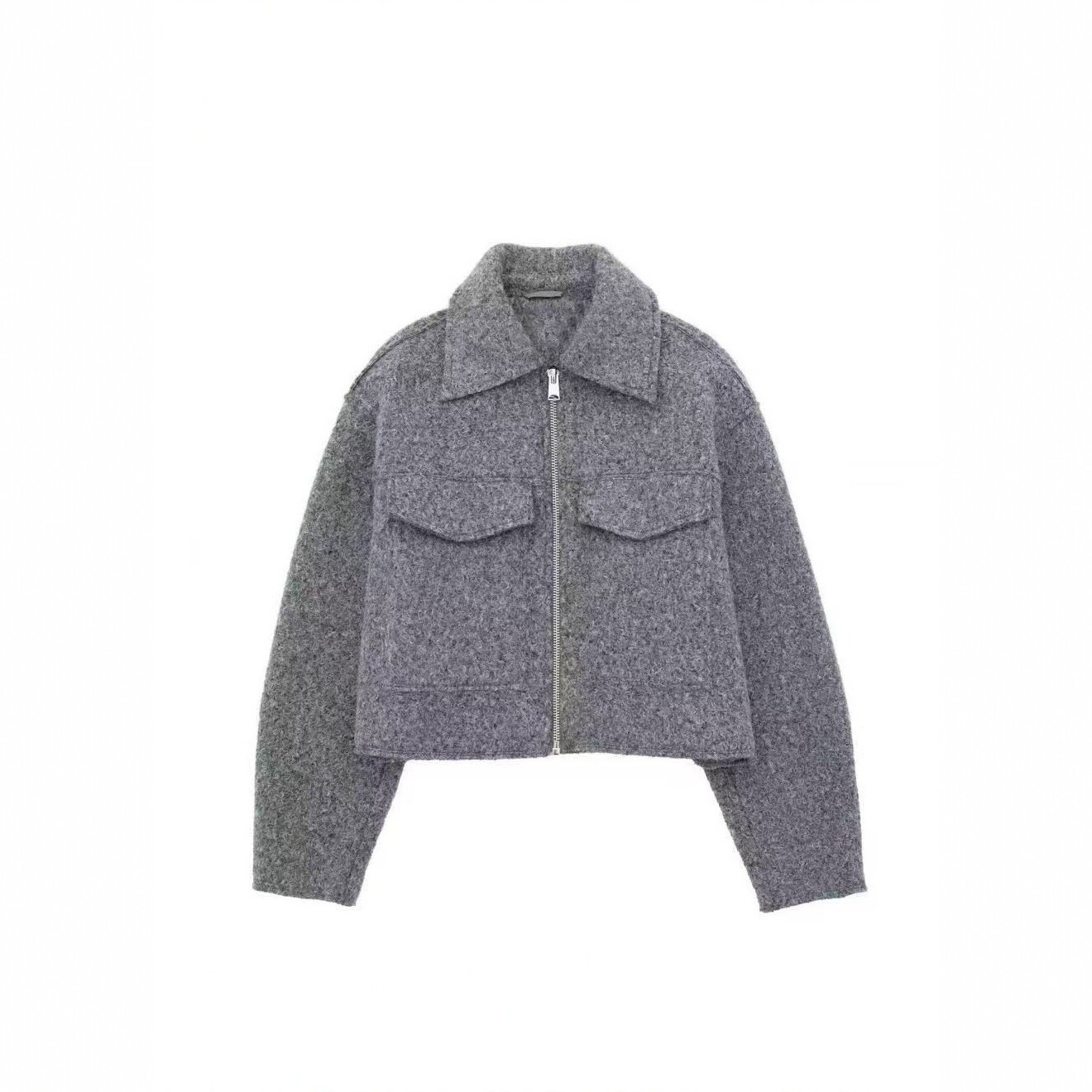 Gray short turn-down collar zip-up jacket for women, new autumn and winter loose versatile coat