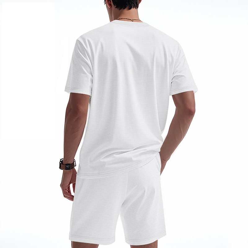 Men's Clothing Summer Men's Loose Waffle Two Piece Suit Round Neck Short Sleeved Shorts Set Simple Style For Formal & Casual_viptrois.com