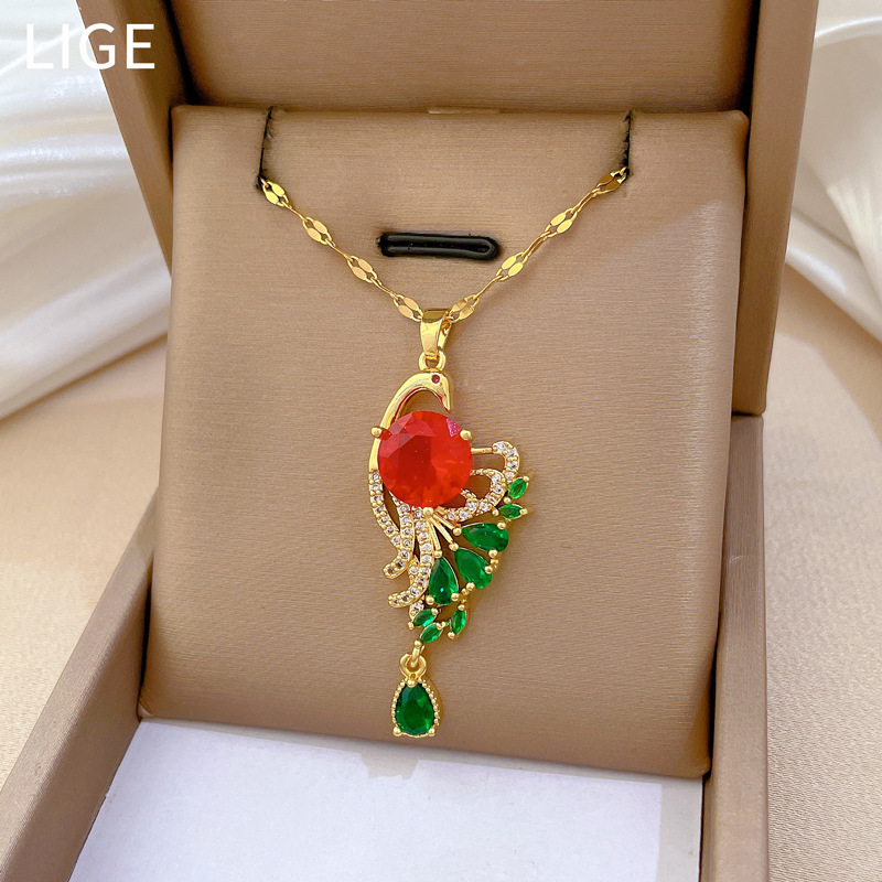 【钛钢】轻奢微镶真金孔雀开屏项链女新款锁骨链轻奢小众设计感详情6