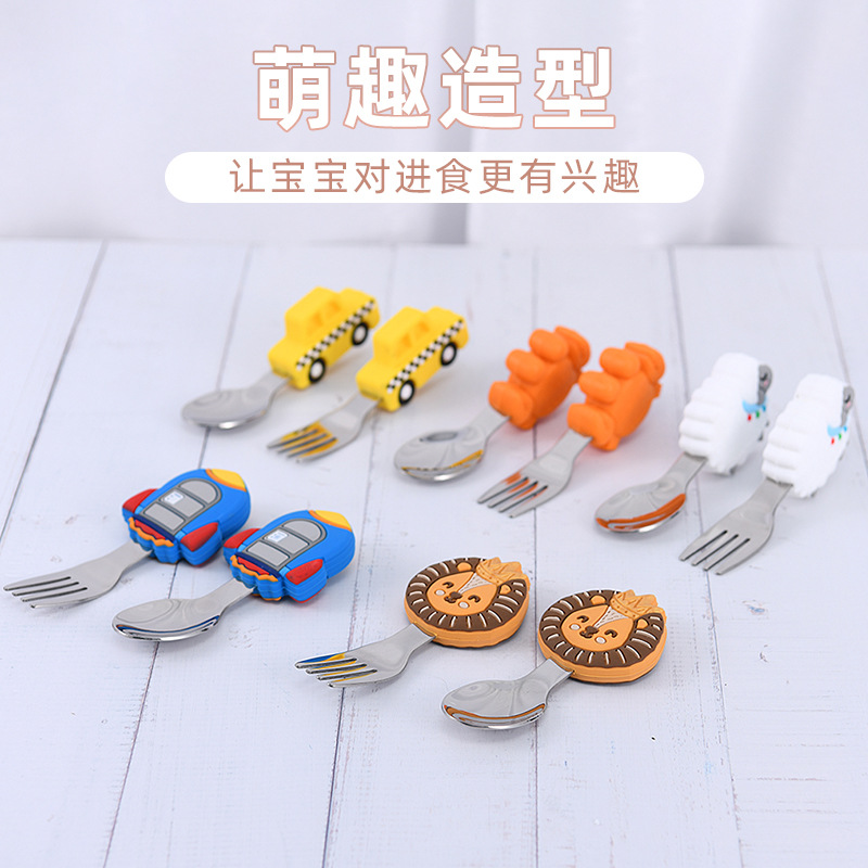 Silicone Short Handle Fork Spoon Set Baby Food Training Stainless Steel Silicone Tableware Set Cartoon Shape Fork Spoon