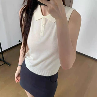 六羊毛高级感polo领百搭显瘦背心女夏季新款外穿无袖针织T恤上衣