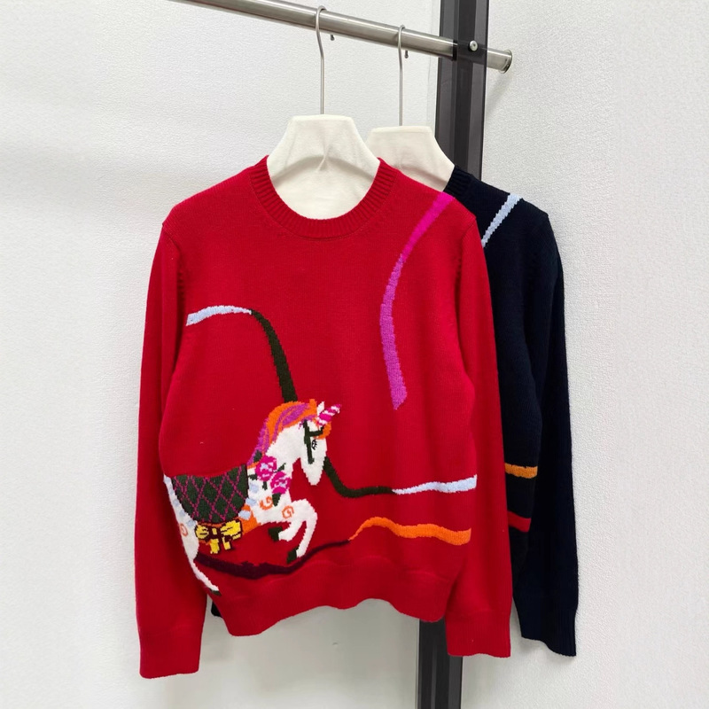 High-End Designer Autumn/Winter New Zodiac Carousel Jacquard Elegant Knit Sweater with Round Neck for Women