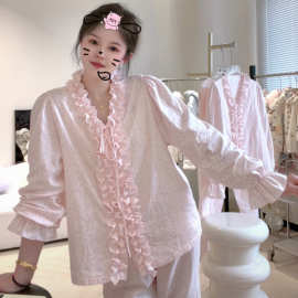 粉玉小碎花女春季新款全棉双层纱甜美长袖睡衣气质家居服套装