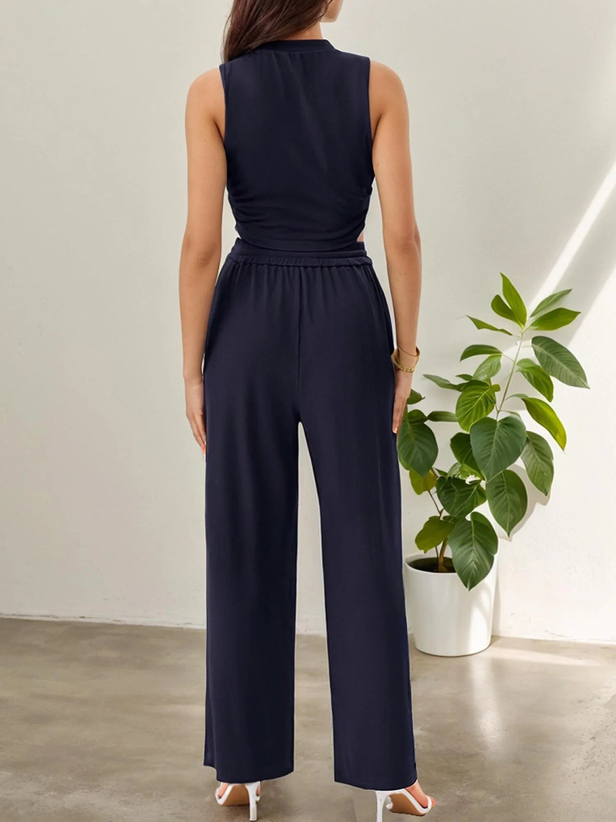 Women's Clothing Summer Leisure Suit Sleeveless Round Neck Short Slim Fit Top Wide Leg Pants Two Piece Suit_ecoleips.com
