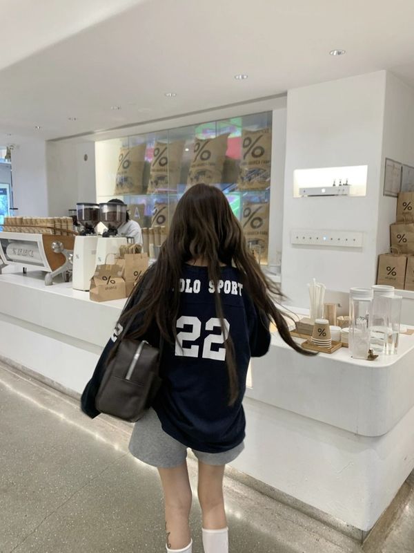 美式复古藏青色V领长袖t恤女秋季印花设计感oversize宽松休闲上衣|undefined