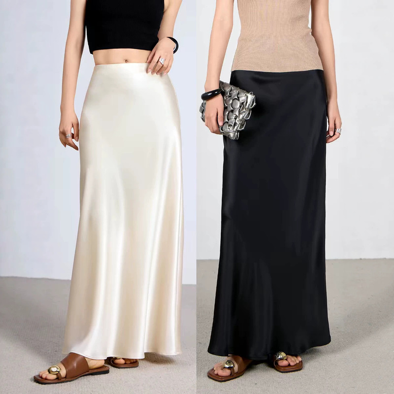 Glossy Acetate Satin Long Skirt for Women, Suitable for Tall Individuals, Spring and Summer, White A-Line Fishtail Long Skirt, Slimming Effect
