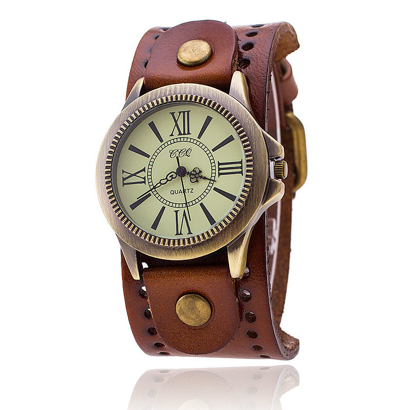 Hot selling punk cowhide watch, antique bronze Roman face quartz watch_voghion.com