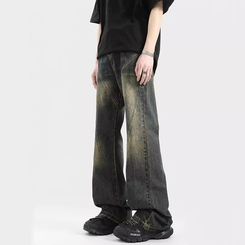 Deconstructing car line water-washed men's summer trend loose vibe design straight micro-waist pants