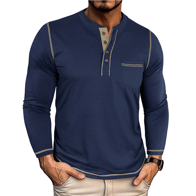 ヨーロッパとアメリカのラウンドネック紳士服秋と冬のタフガイレトロヘンリーポケットTシャツ長袖外国貿易メンズボトムスコントラストカラー老人シャツ|undefined