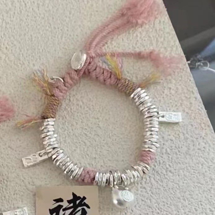 New Chinese Style Retro Silver Pink Braided Bracelet Niche Design Exquisite Style Fashionable Girly Versatile Hand Jewelry