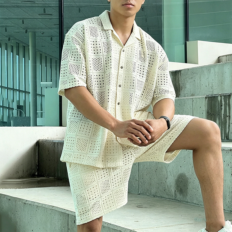[in Stock] Cross-Border European and American Spring/Summer Outdoor Hollow-Out Lapel Button Shirt Loose Casual Shorts Set Men's Clothing