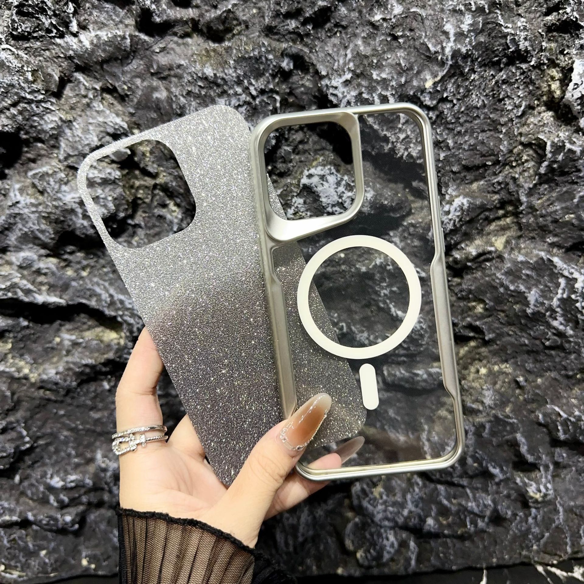 Nuevo cuchillo gradiente de polvo flash teléfono celular Apple 17PROMAX caso de teléfono celular de absorción comercio exterior iPhone 16 aplicable