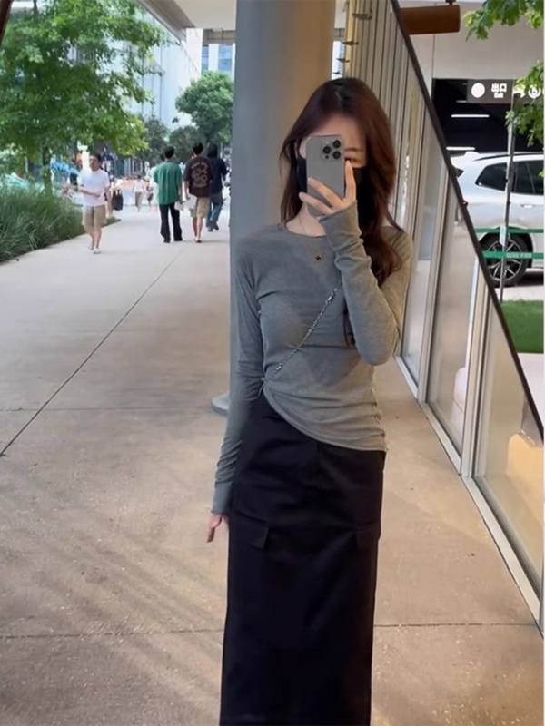 感超好看灰色修身内搭打底衫上衣女秋冬薄款外搭长袖正肩t恤|undefined