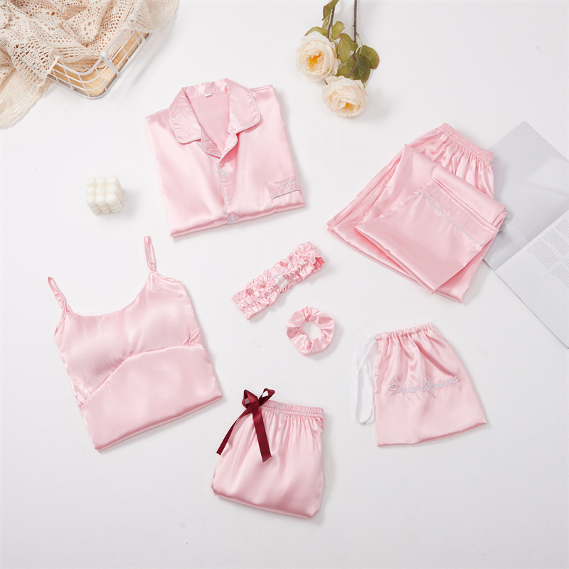 Entrega de una pieza nueva flor de siete piezas pijamas de manga larga de primavera de las mujeres de seda-como sexy homewear traje pijamas