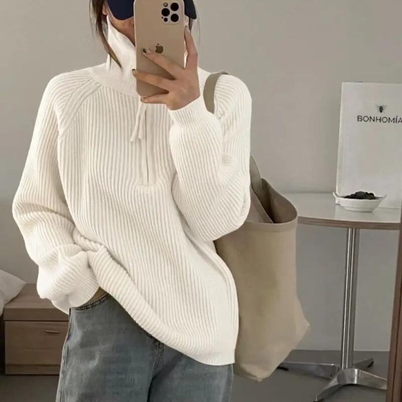 Autumn and Winter New Korean Style High-end Half-zip Stand-up Collar Pit Strip Loose Sweater Jacket Women's Long-sleeved Knitwear Top Autumn and Winter New Korean Style High-end Half-zip Stand-up Collar Pit Strip Loose Sweater Jacket Women's Long-sleeved Knitwear Top
