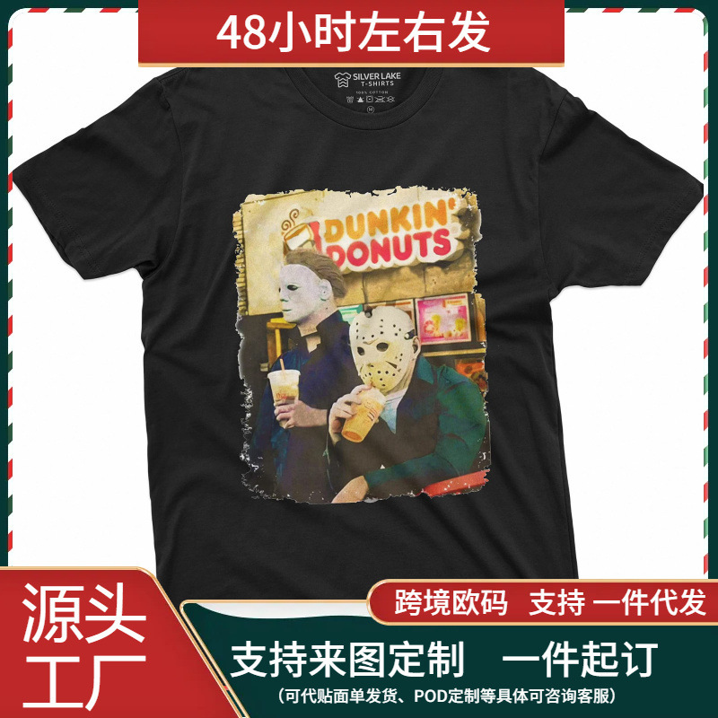 [European Size Cotton t] Halloween Movie Inspired T-Shirt Michael Myers Drinking Coffee Funny Humor T-Shirt