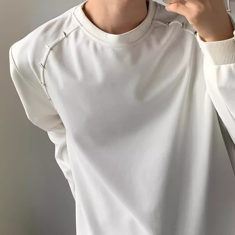 Korean Style Heavyweight Long-Sleeve T-Shirt with a Simple, Metallic Design, Round Neck, Versatile Sweatshirt, Base Layer, Niche Fashion for Men and Women