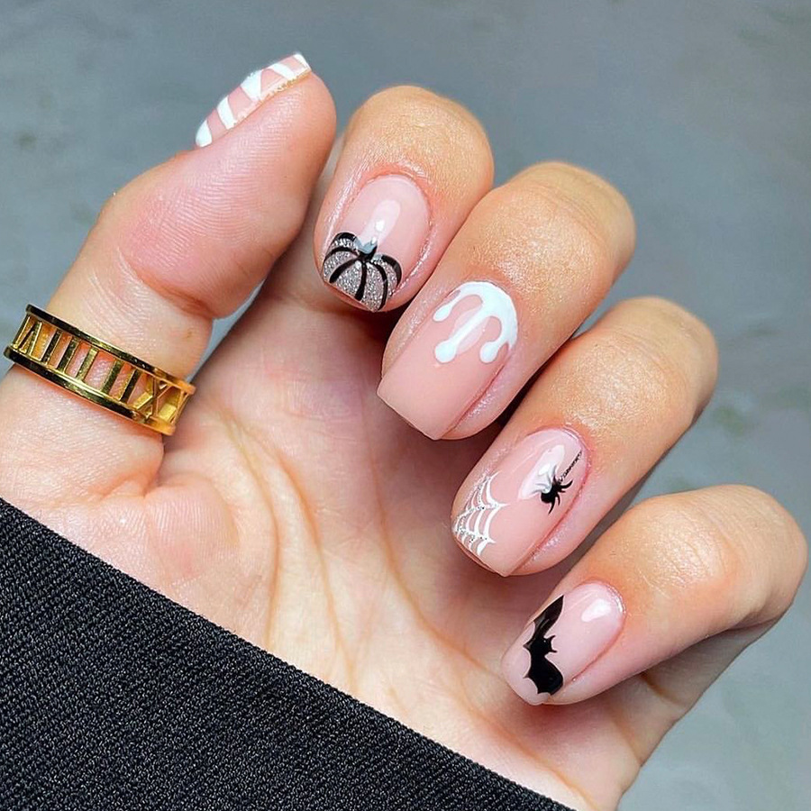 Halloween False Nails Glitter Spider Web And Bat Design 24 Pack_voghion.com