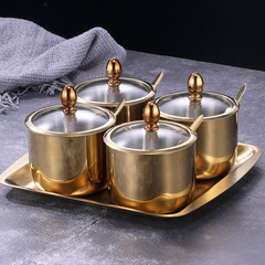 Cross-border 304 steel lid seasoning pot with tray round flavor bowl salt pot set glass lid stainless steel seasoning pot