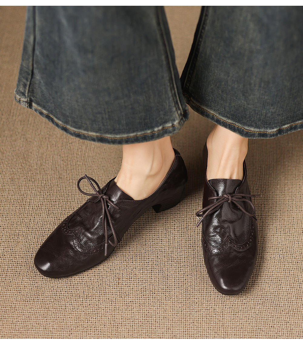 Giày loafer nữ da cừu buộc dây phong cách vintage, gót thấp vuông — màu nâu chi tiết 19