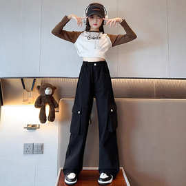 女童工装裤春秋2025新款儿童直筒阔腿裤冬装女孩大童休闲加绒裤子