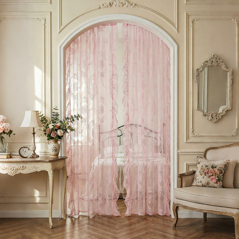 New French round mirror flower curtain shading window screen wear rod lace fabric wholesale non-perforated installation of finished gauze curtain