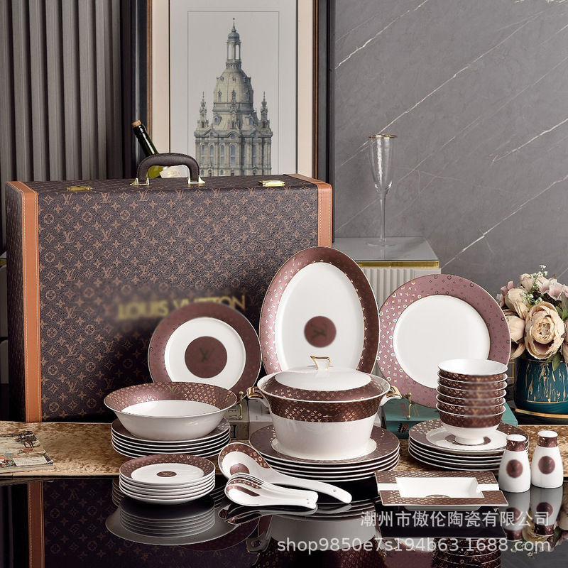 High-End Bone China Dishes and Tableware Set L Letter Hotel Model Room Table Setting Cross-Border Hot Selling Complete Set 43