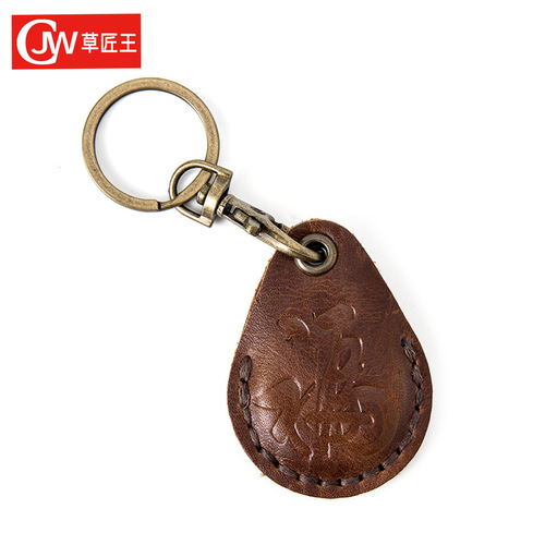 First layer cowhide access control card holder creative keychain sensor water drop card holder cute small square access control card protective cover