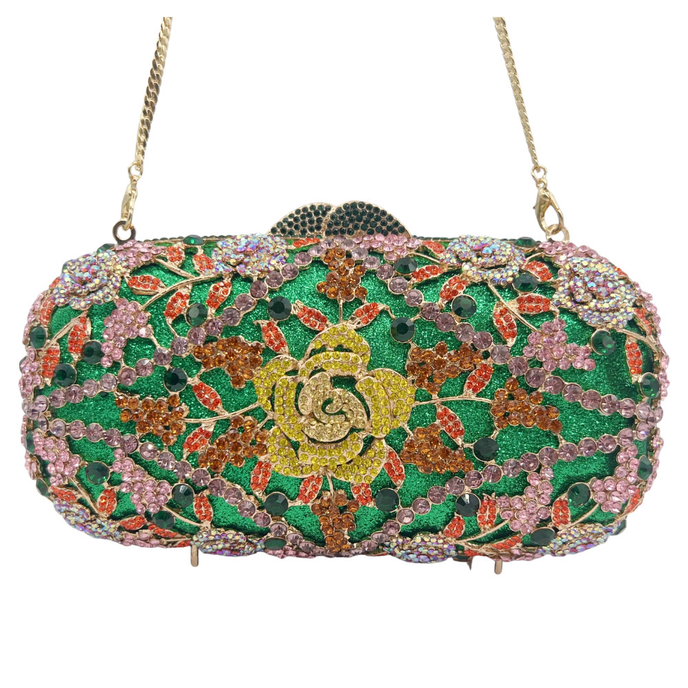 Clutch cross-border nuevo paquete de diamantes de flores caja metálica hueca caja dura de diamantes bolsas de mano de mujer